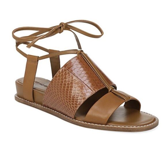 Vince Brown Forster Leather Watersnake Ankle-Wrap Sandals - Picture 1 of 9